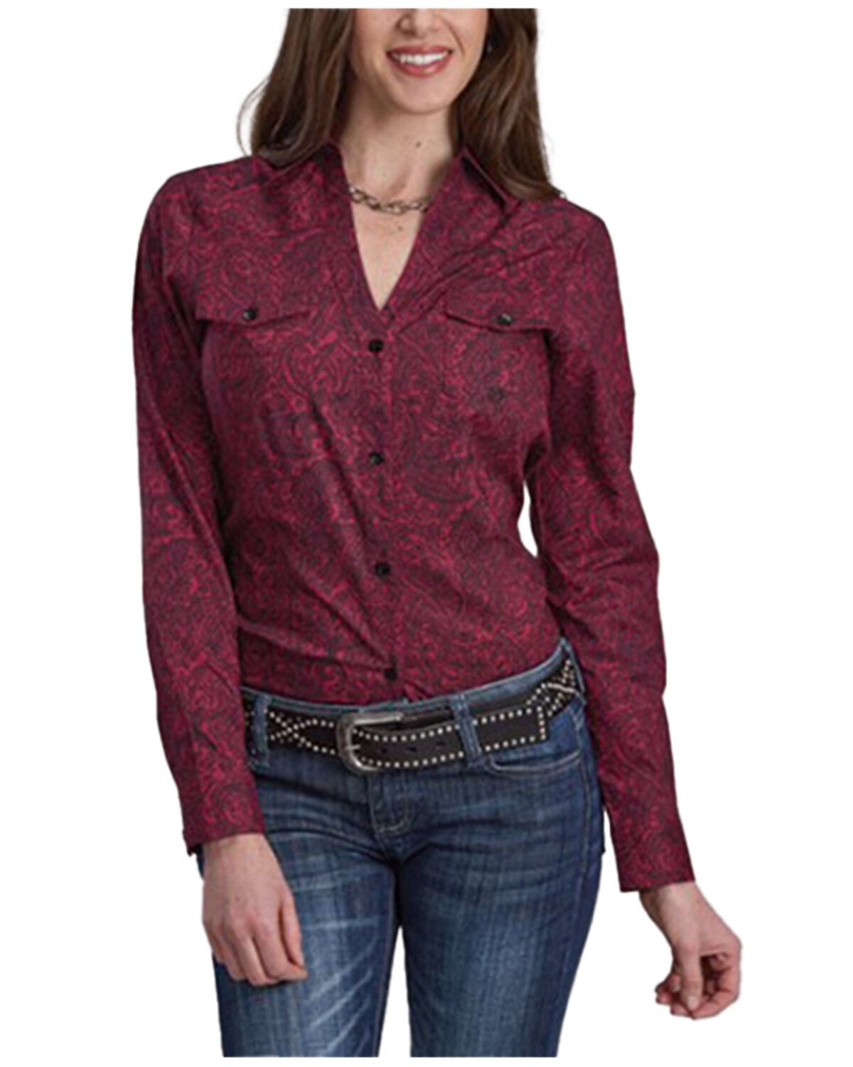 Roper Women's Paisley Print Long Sleeve Button-Down Western Shirt, Wine, hi-res