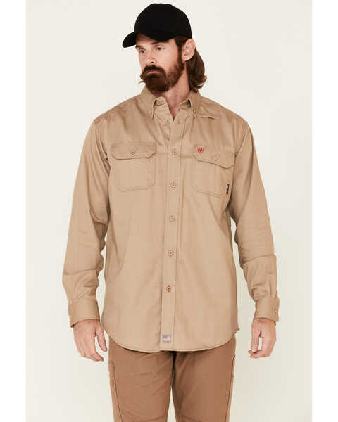 Image #1 - Ariat Men's FR Solid Twill Long Sleeve Button Down Work Shirt, Khaki, hi-res