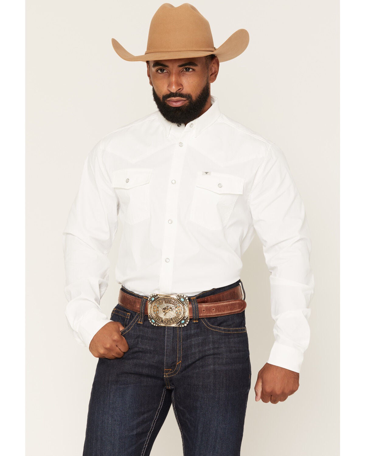 Image #1 - Ferrell Men's Tek Solid Long Sleeve Snap Performance Western Shirt, White, hi-res