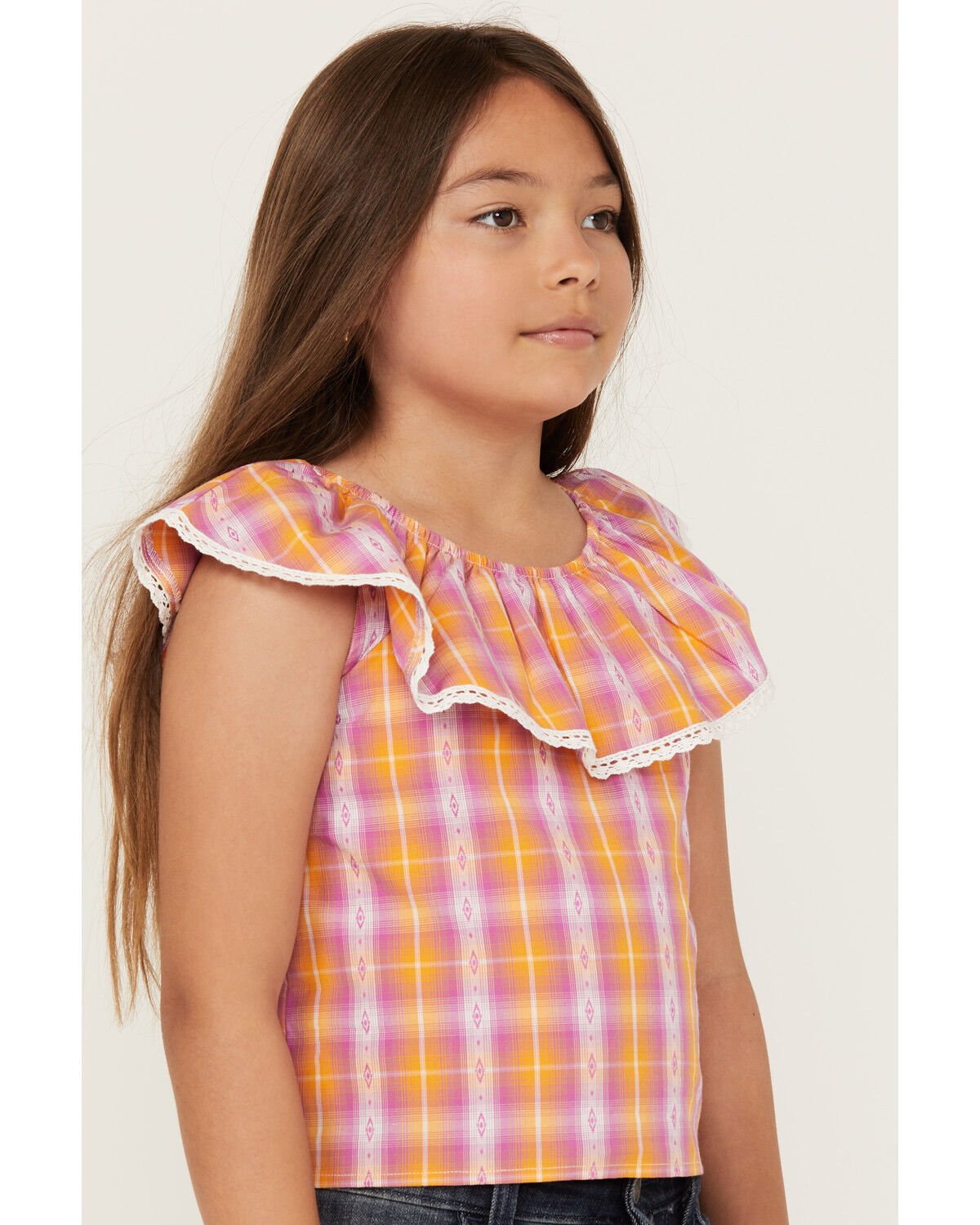 Image #2 - Shyanne Girls' Grid Plaid Print Ruffle Top, Grape, hi-res