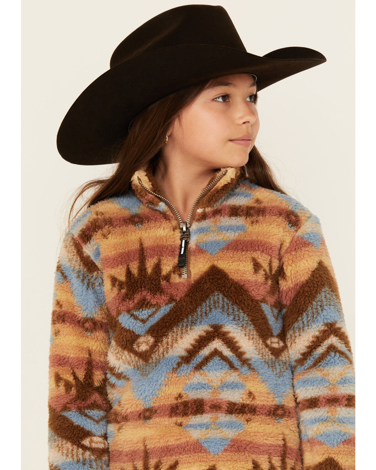 Image #2 - Roper Girls' Southwestern Print 1/4 Zip-Up Fleece Pullover, Brown, hi-res