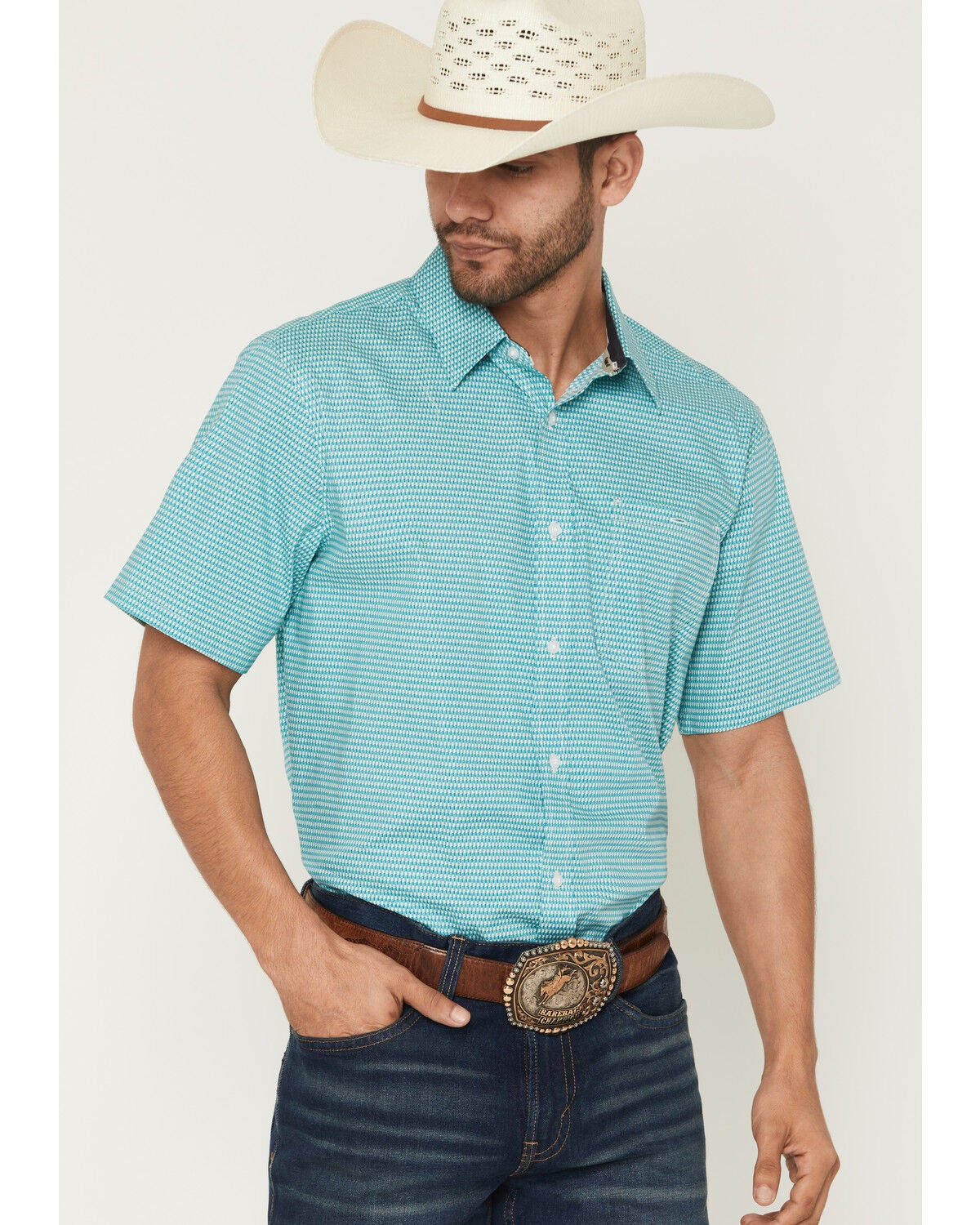 Image #1 - RANK 45&reg; Men's Dasher Geo Print Short Sleeve Button-Down Stretch Western Shirt, Ivory, hi-res