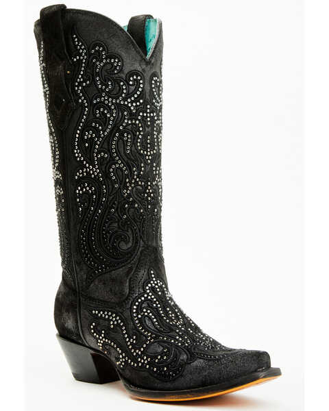 Corral Women's Crystal Embroidered Western Boots - Snip Toe , Black, hi-res