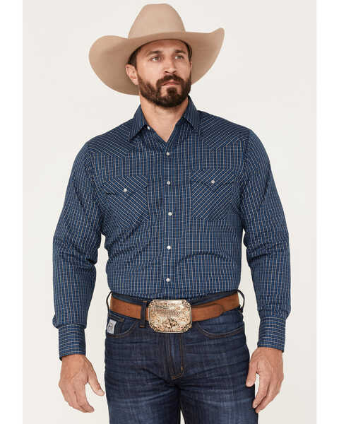 Image #1 - Ely Walker Men's Small Plaid Print Long Sleeve Pearl Snap Western Shirt, Navy, hi-res