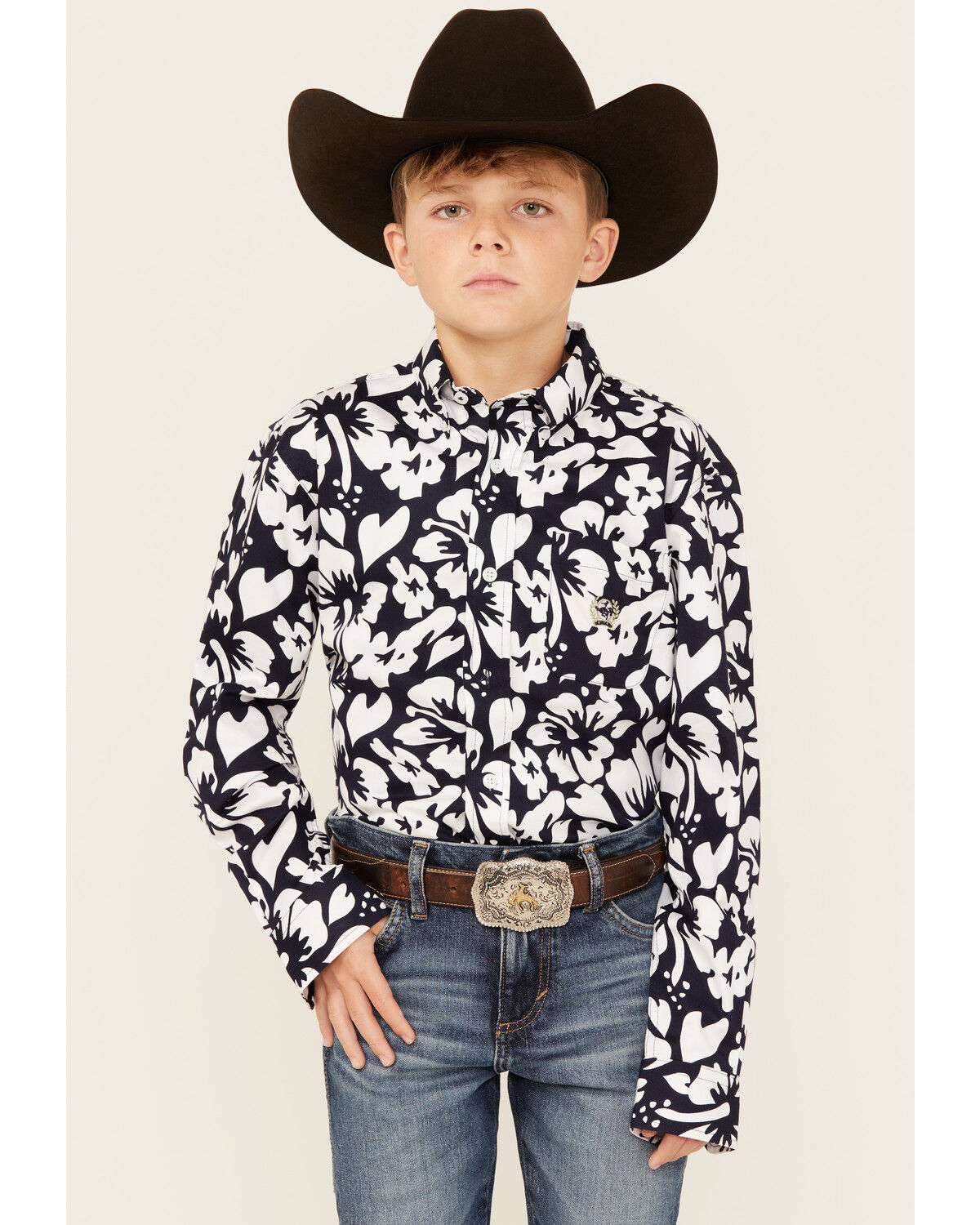 Image #1 - Cinch Boys' Floral Print Long Sleeve Button-Down Western Shirt, Navy, hi-res