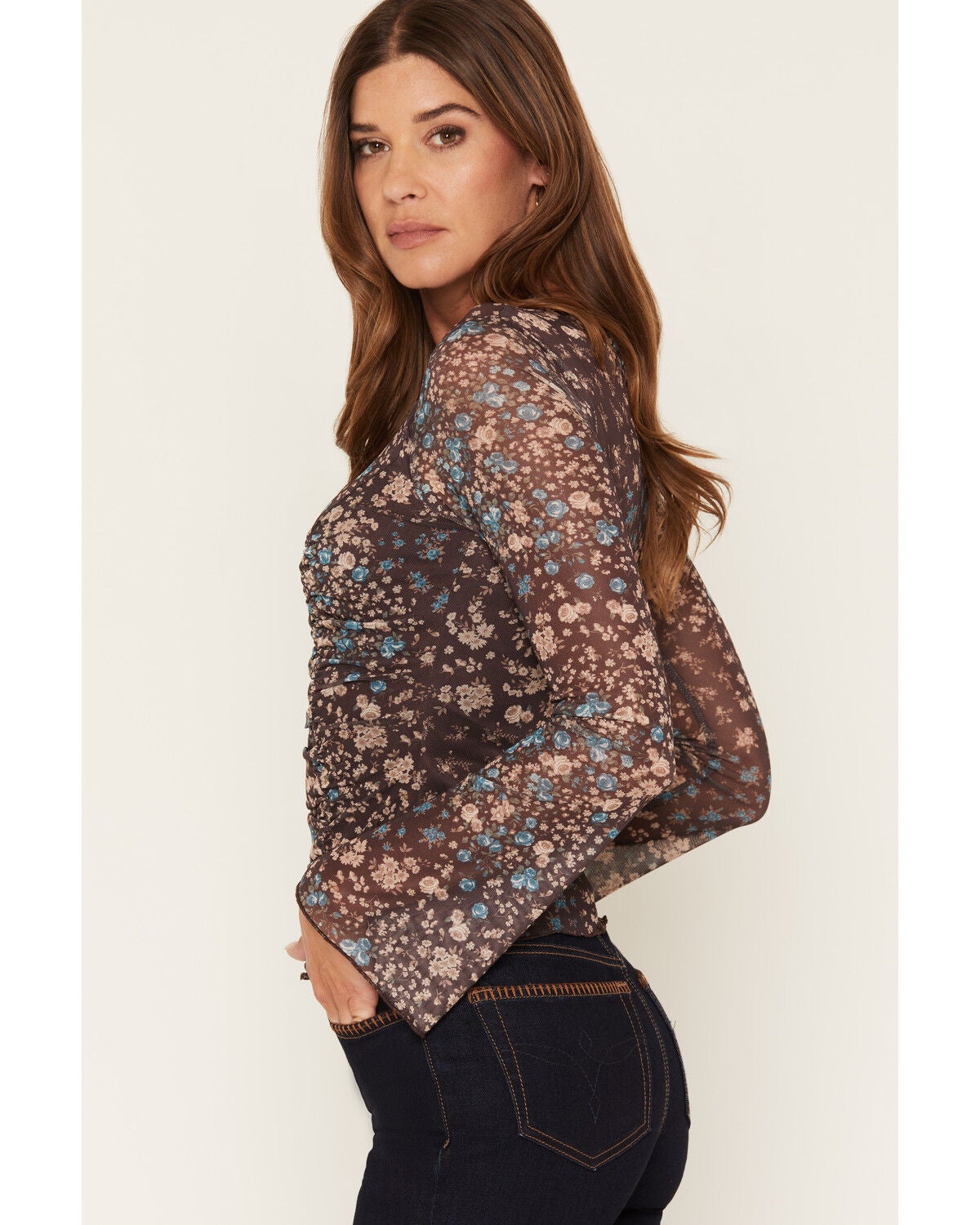 Image #2 - Ash & Violet Women's Floral Print Mesh Long Sleeve Top, Brown, hi-res