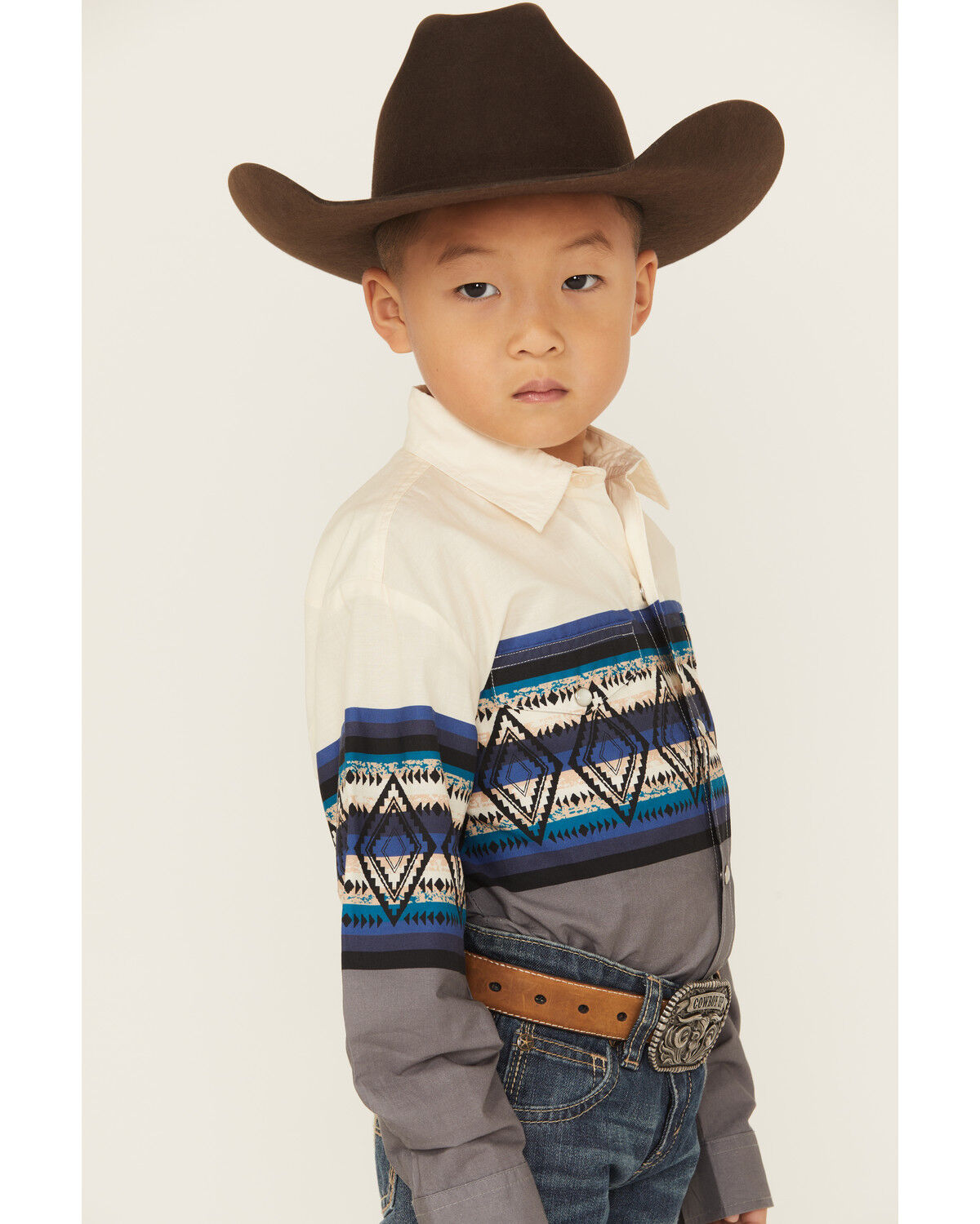 Image #3 - Roper Boys' Southwestern Striped Border Print Long Sleeve Pearl Snap Western Shirt, Blue, hi-res