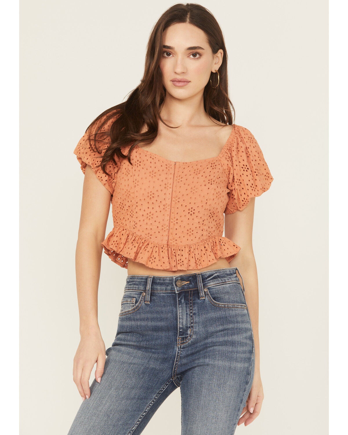 Rock & Roll Denim Eyelet Puff Sleeve Shirt, Orange, hi-res
