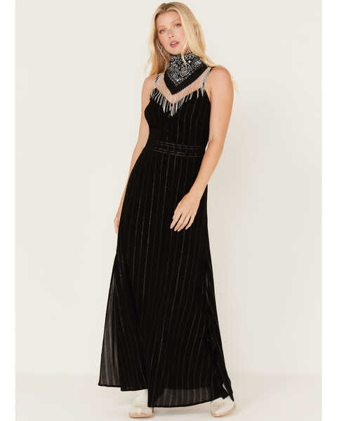 Image #1 - Idyllwind Women's Metallic Stripe Maxi Slip Dress, Black, hi-res