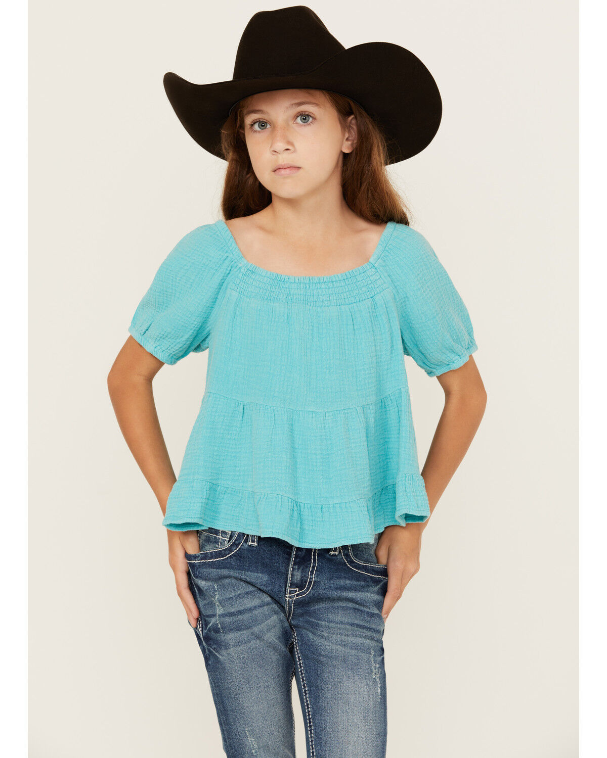 Image #1 - Hayden LA Girls' Puff Sleeve Top, Blue, hi-res