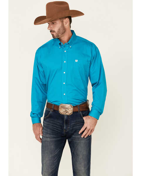 Cinch Men's Solid Long Sleeve Button Down Western Shirt, Teal, hi-res