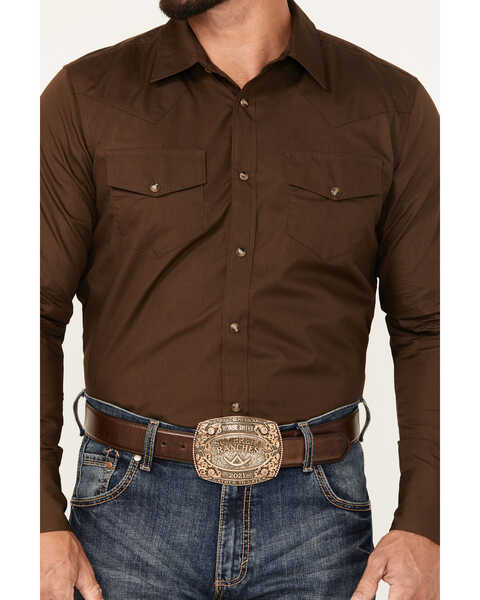 Image #3 - Gibson Trading Co Men's Basic Solid Twill Long Sleeve Snap Western Shirt, Dark Brown, hi-res
