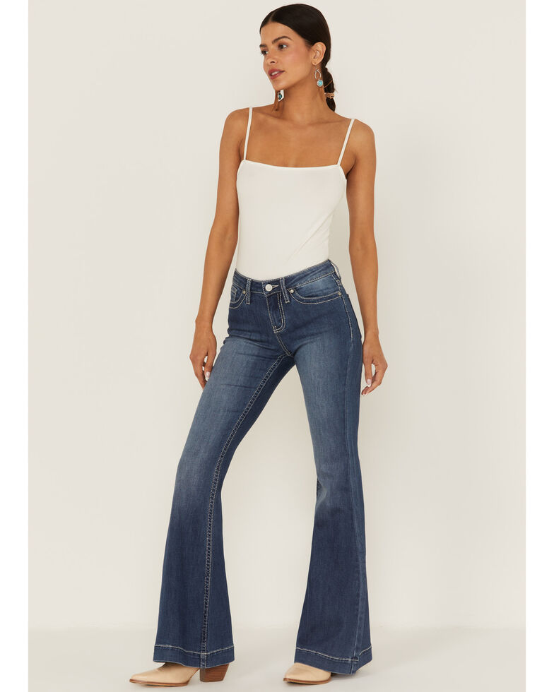 Shyanne Women's Dark Wash Mid Embroidered Scoop Pocket Flare Jeans, Dark Medium Wash, hi-res