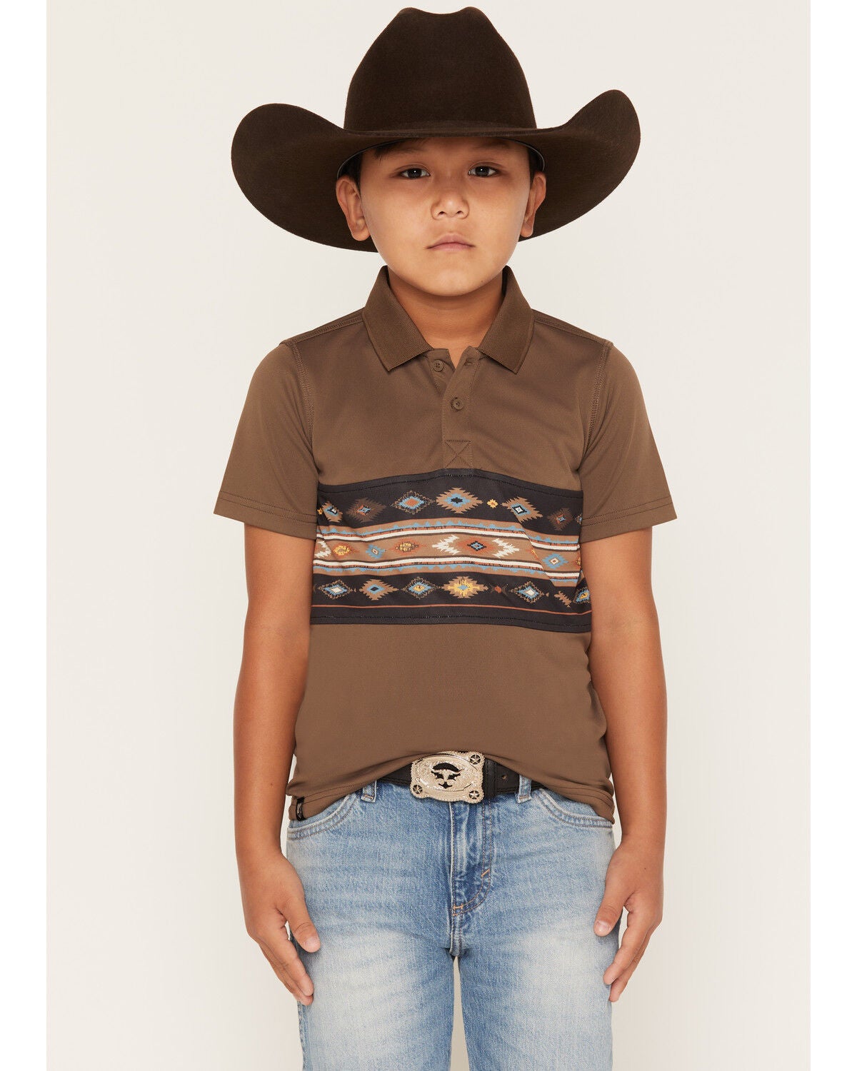 RANK 45&reg; Boys' Sierra Noble Southwestern Border Print Short Sleeve Polo, Brown, hi-res