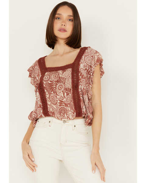 Image #2 - Angie Women's Butterfly Sleeve Floral Top, Rust Copper, hi-res