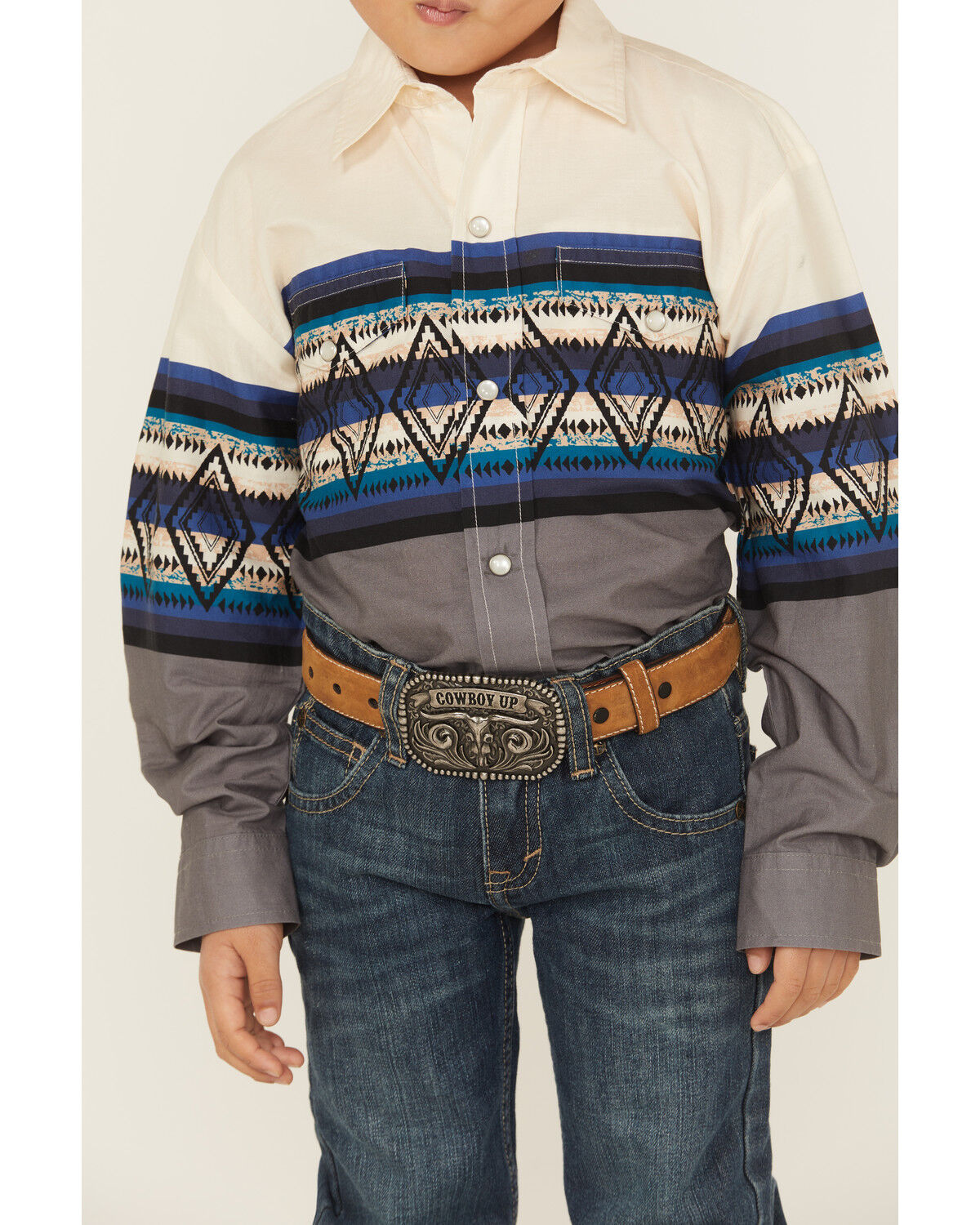 Image #2 - Roper Boys' Southwestern Striped Border Print Long Sleeve Pearl Snap Western Shirt, Blue, hi-res