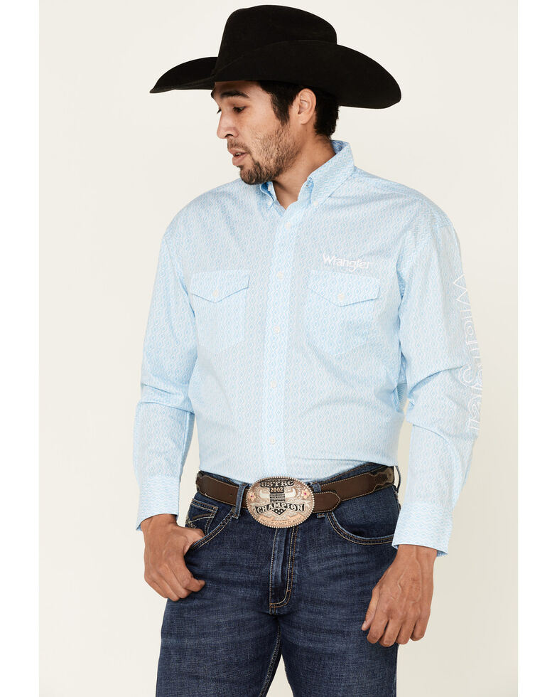 Wrangler Men's Geo Print Logo Long Sleeve Western Shirt , Blue, hi-res