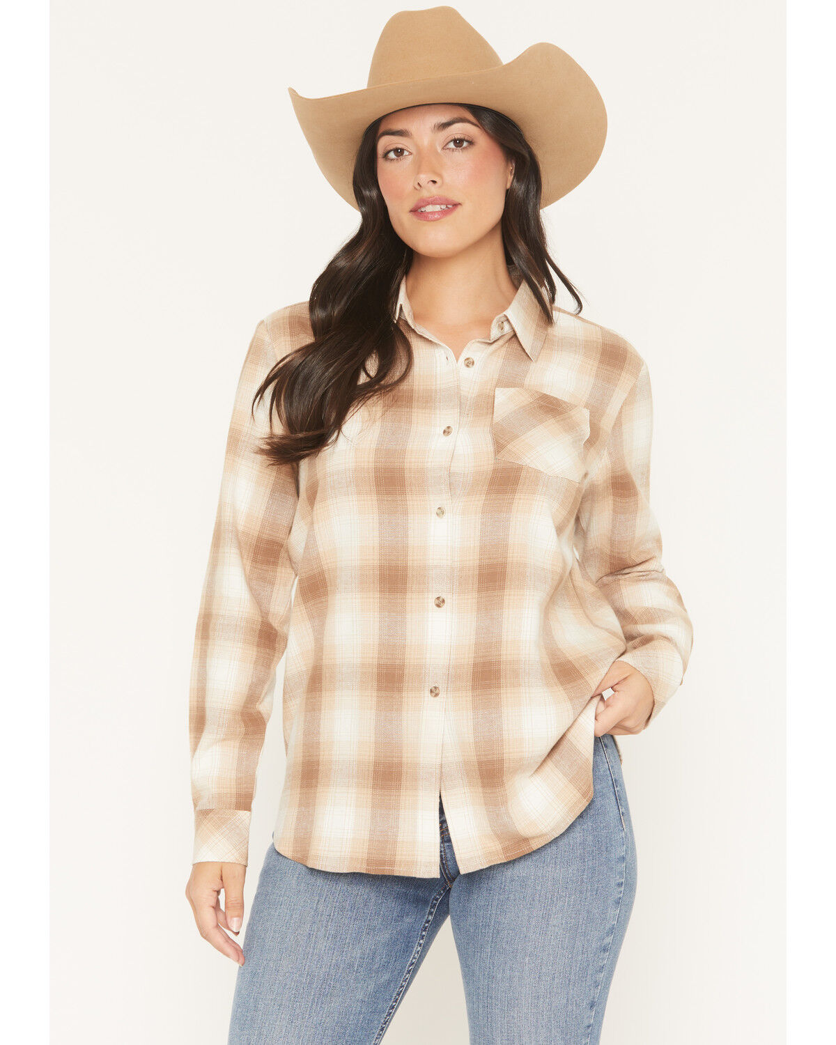 Image #1 - Shyanne Women's Vistas Plaid Print Long Sleeve Button-Down Flannel Shirt, Coffee, hi-res