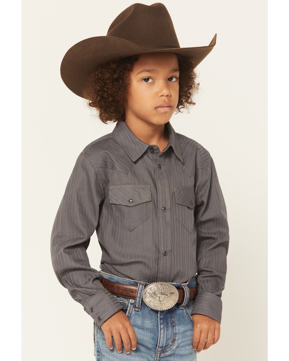 Gibson Trading Co Boys' Striped Long Sleeve Pearl Snap Western Shirt, Grey, hi-res