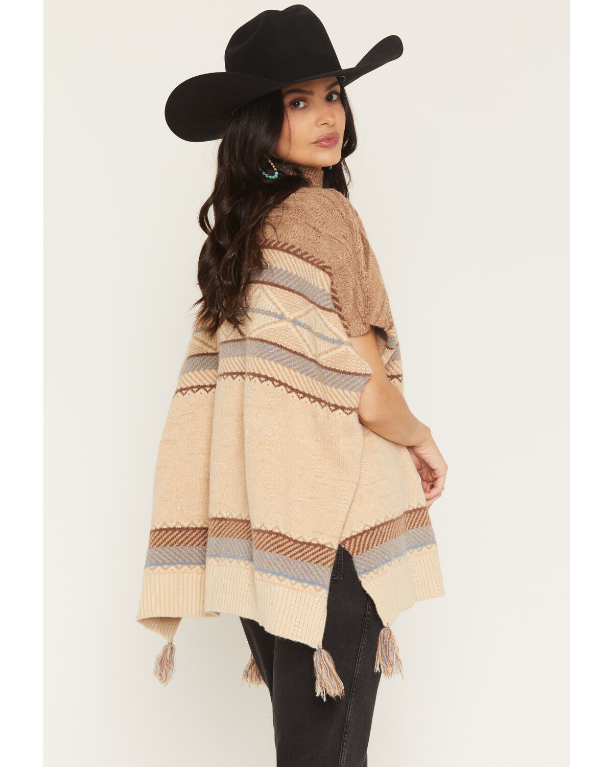 Image #2 - Cotton & Rye Women's Striped Poncho Sweater, Brown, hi-res
