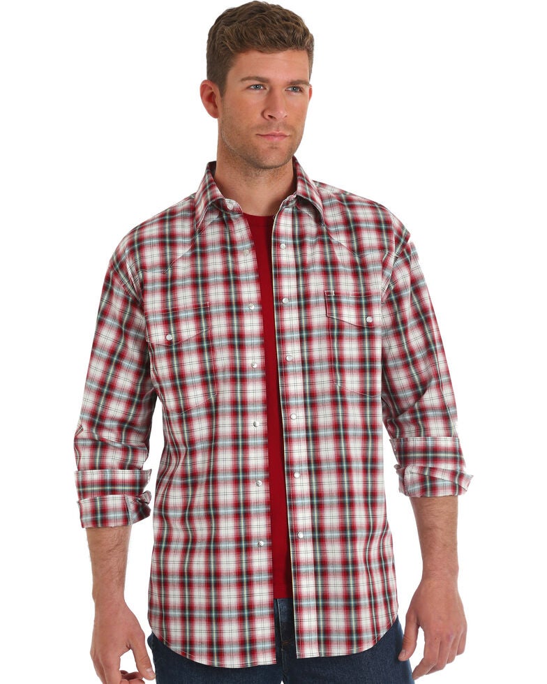 Wrangler Men's Red Plaid WrinkleResistant Long Sleeve Western Shirt
