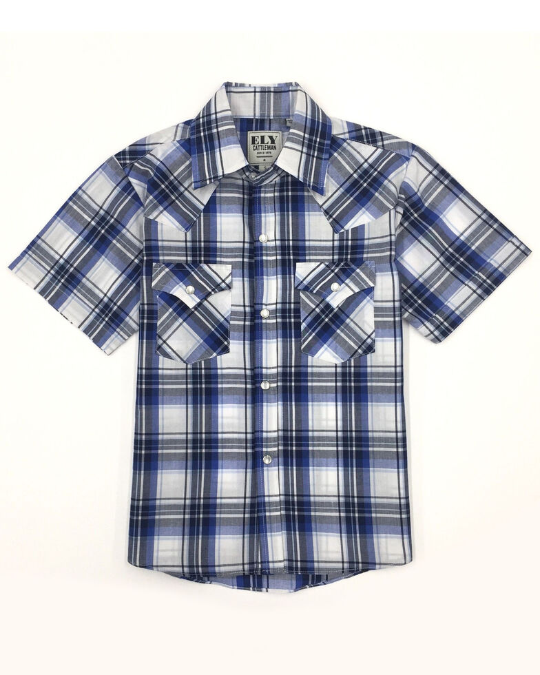 Ely Cattleman Boys' Assorted Plaid Short Sleeve Western Shirt , Blue, hi-res