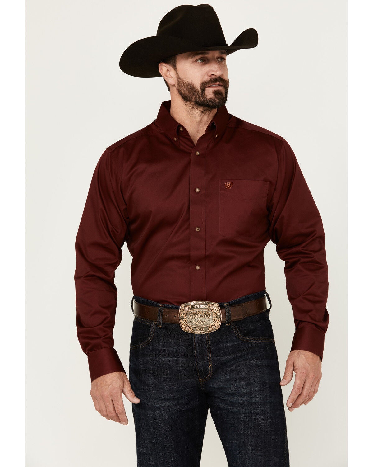 Ariat Men's Solid Twill Fitted Long Sleeve Button-Down Western Shirt, Burgundy, hi-res