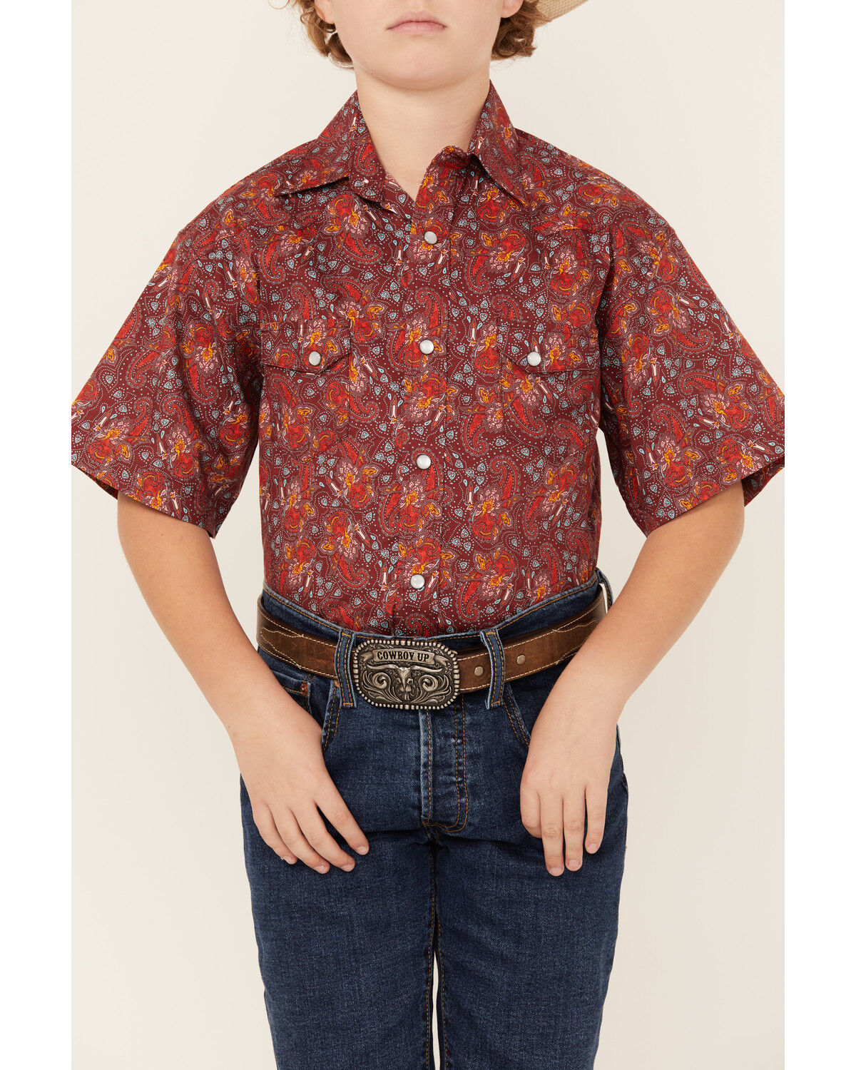 Image #3 - Rock & Roll Denim Boys' Paisley Print Short Sleeve Pearl Snap Stretch Western Shirt, Red, hi-res