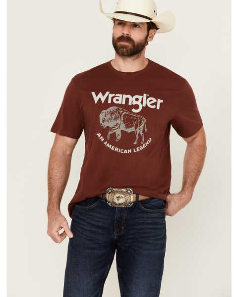 Image #1 - Wrangler Men's Boot Barn Exclusive Buffalo Logo Short Sleeve Graphic T-Shirt , Burgundy, hi-res