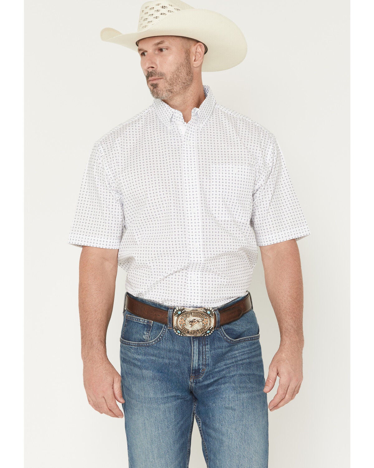 Image #1 - George Strait by Wrangler Men's Geo Print Short Sleeve Button-Down Stretch Western Shirt, White, hi-res