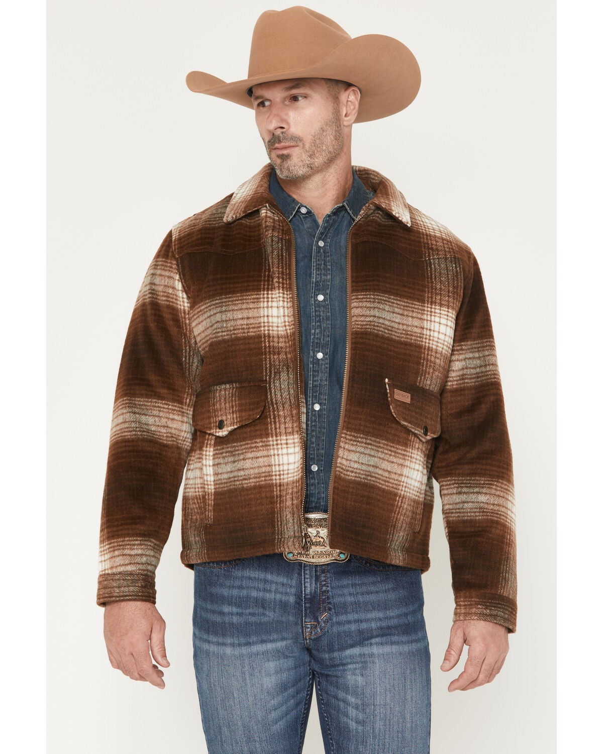 Outback Trading Co Men's Silas Plaid Print Zip-Up Concealed Carry Jacket, Brown, hi-res