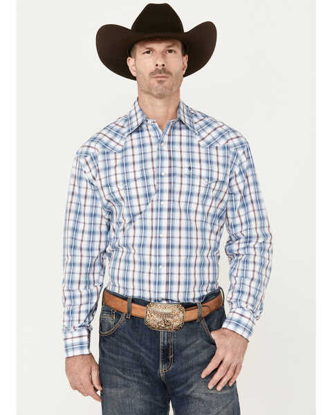 Stetson Men's Plaid Print Long Sleeve Pearl Snap Western Shirt, Blue, hi-res