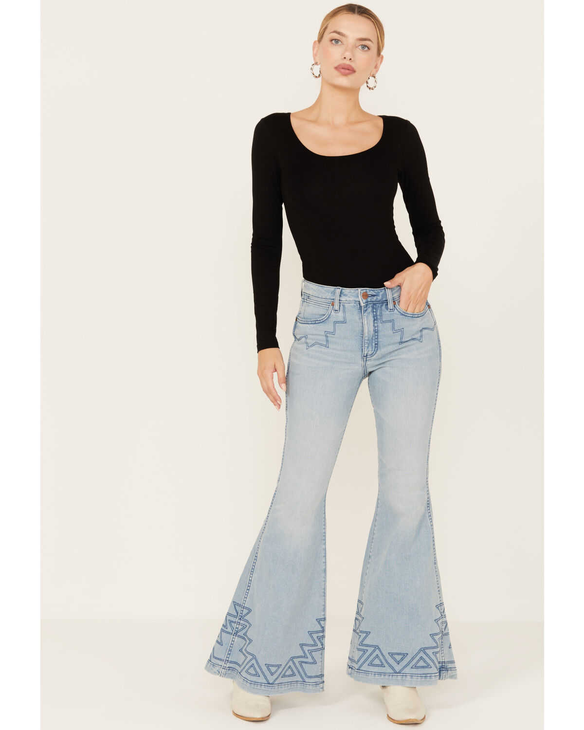 Image #1 - Wrangler Retro Women's Light Wash Embroidered High Rise Flare Jeans, , hi-res