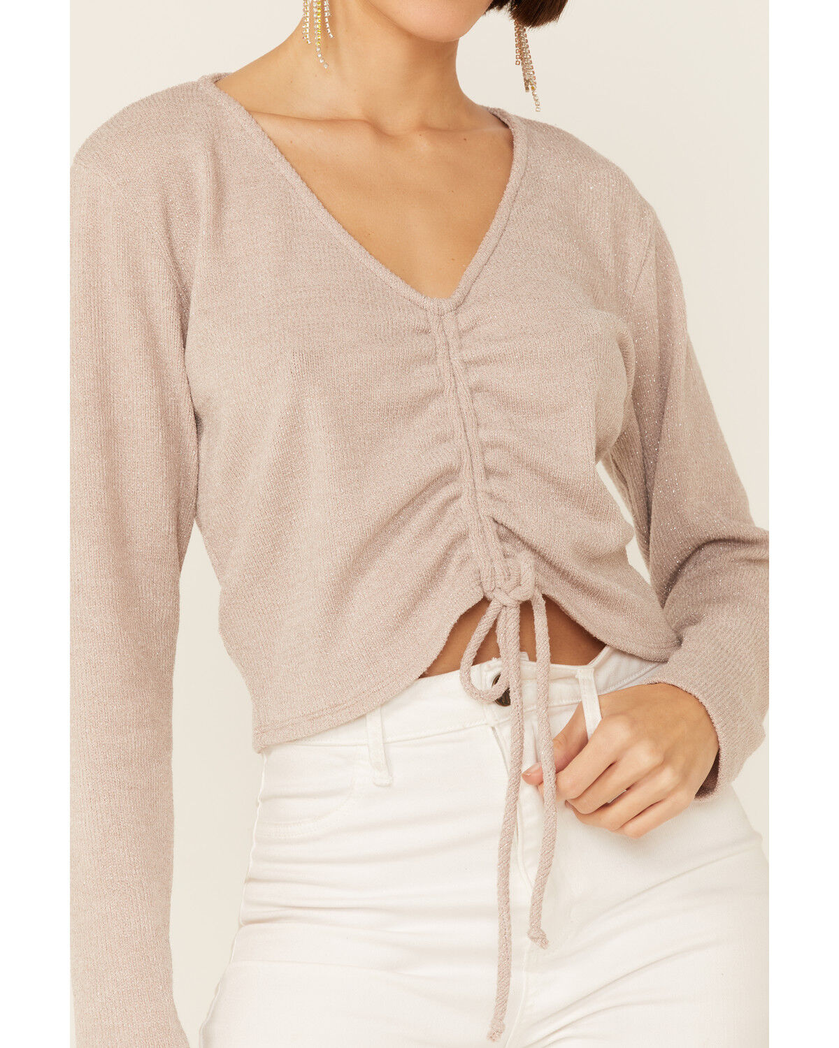 Image #2 - Wild Moss Women's Ribbed Lurex Cinch Front Knit Top, Ivory, hi-res