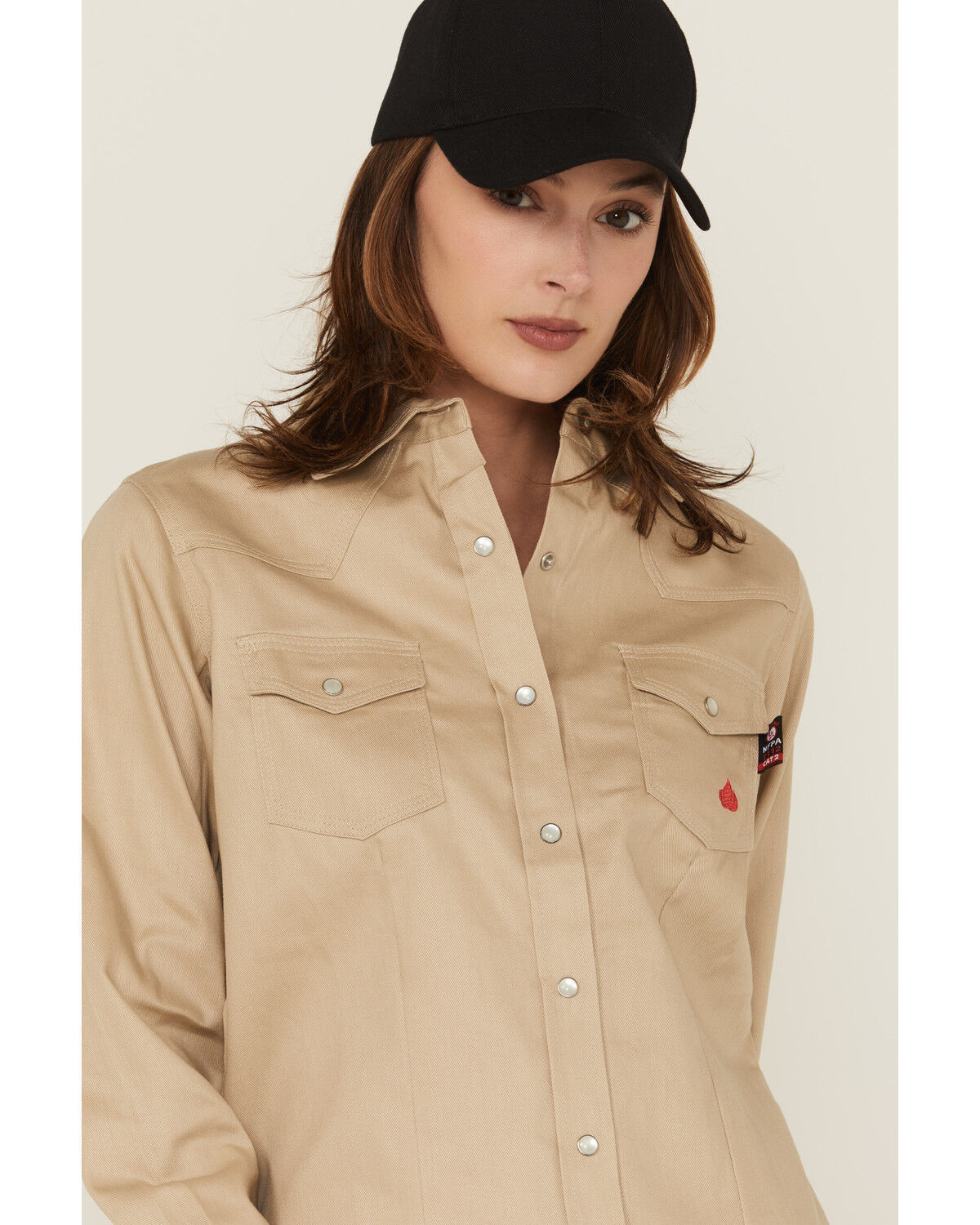 Image #2 - Forge Workwear Women's FR Solid Long Sleeve Snap Stretch Work Shirt, Stone, hi-res