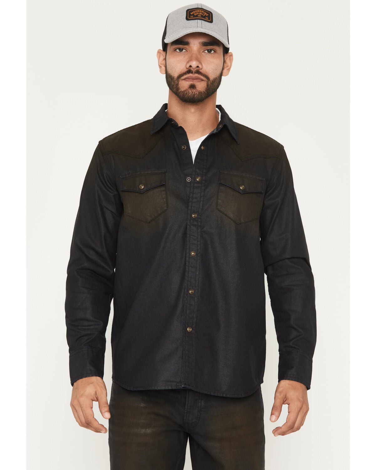 Moonshine Spirit&reg; Men's Wax Coated Denim Long Sleeve Snap Western Shirt, Dark Wash, hi-res