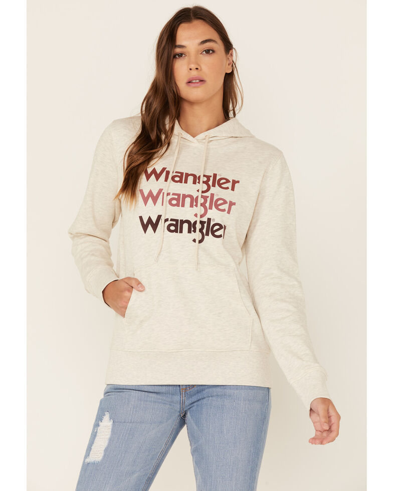 Wrangler Women's Oatmeal Multi Stacked Logo Shirttail Pullover Hoodie , Oatmeal, hi-res