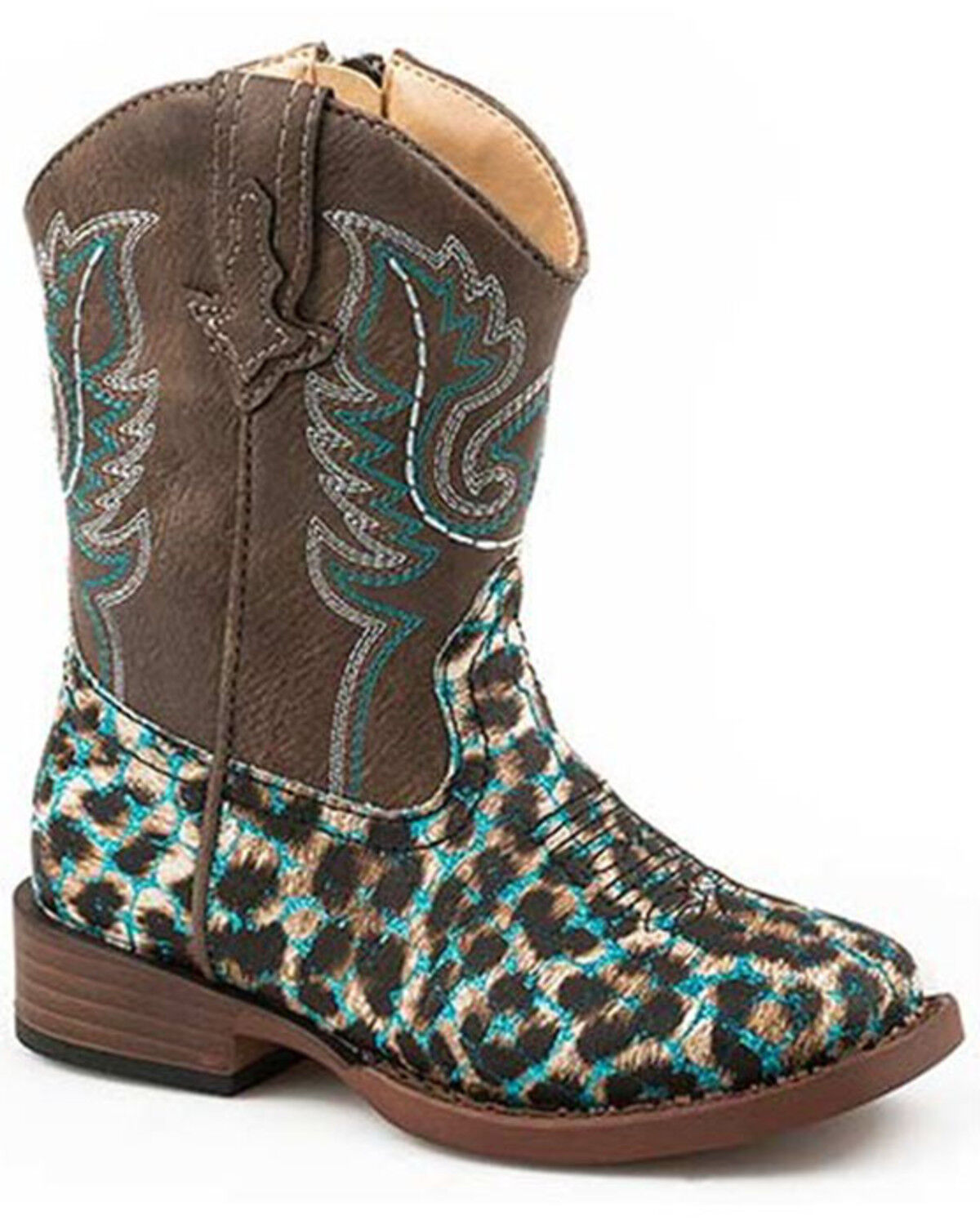 Image #1 - Roper Toddler Girls' Leopard Glitter Western Boots - Square Toe, Blue, hi-res
