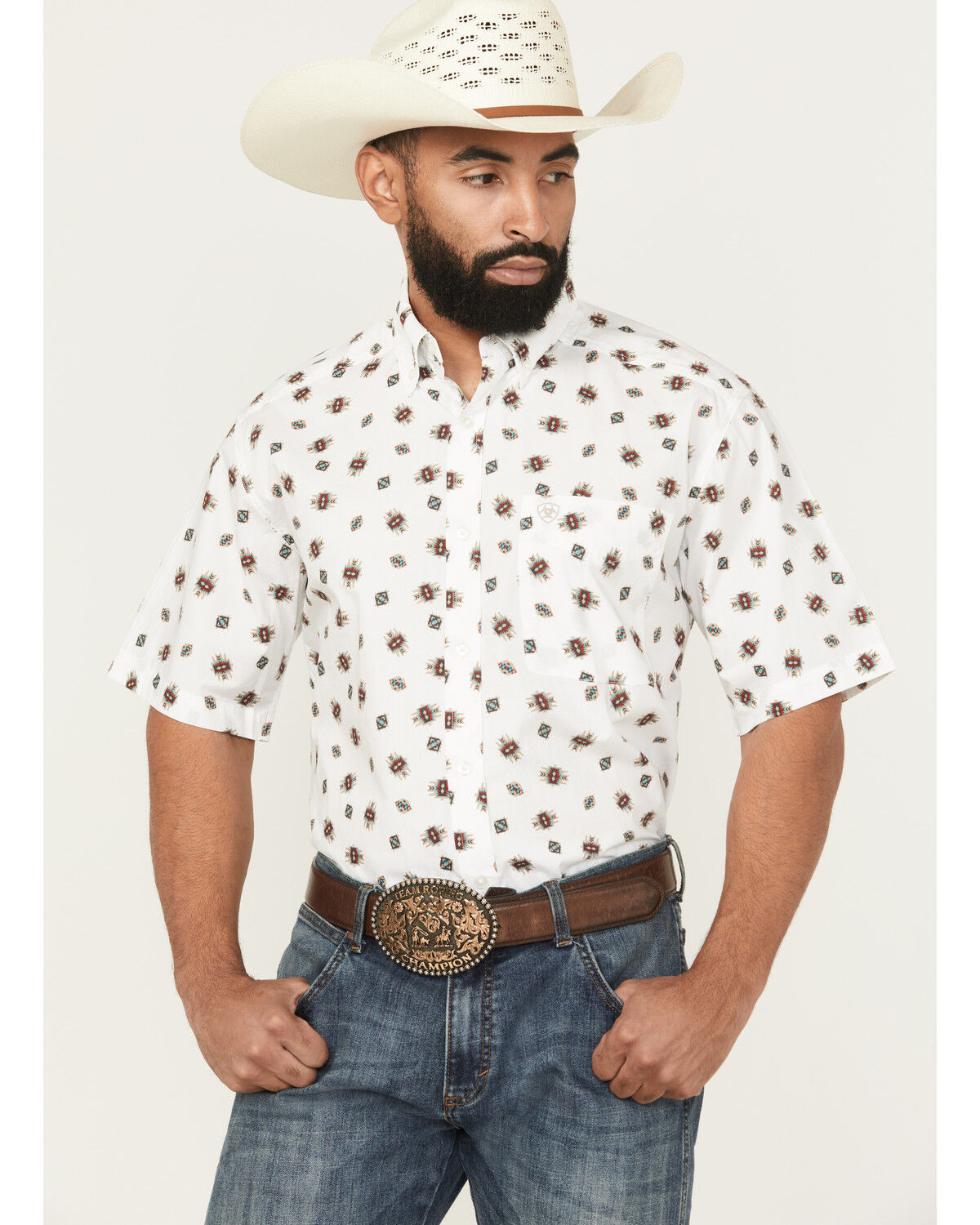 Image #1 - Ariat Men's Westscott Geo Print Short Sleeve Button-Down Western Shirt, White, hi-res