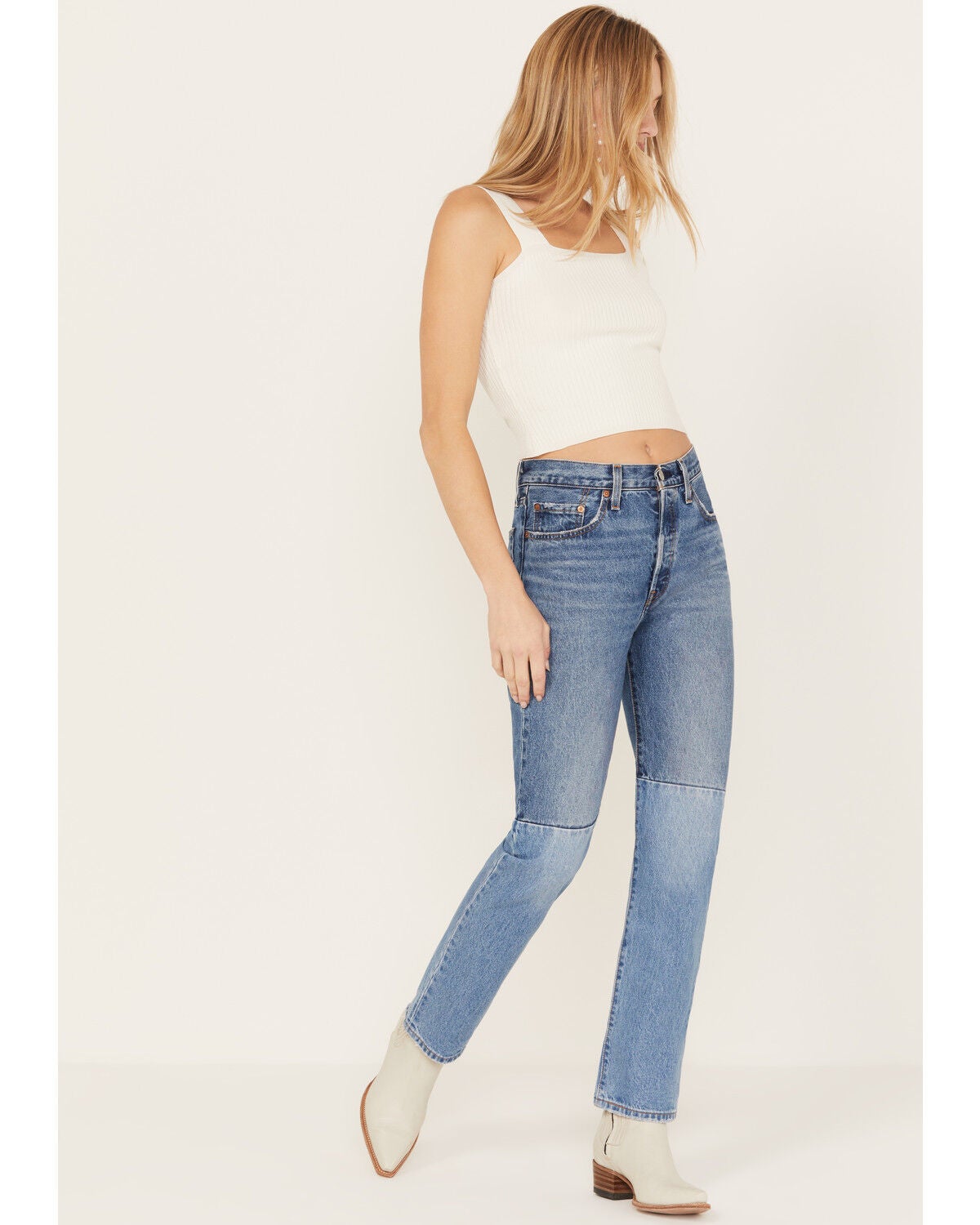 Levi's Women's Medium Wash 501 Pieced Destructed Jeans, Medium Wash, hi-res