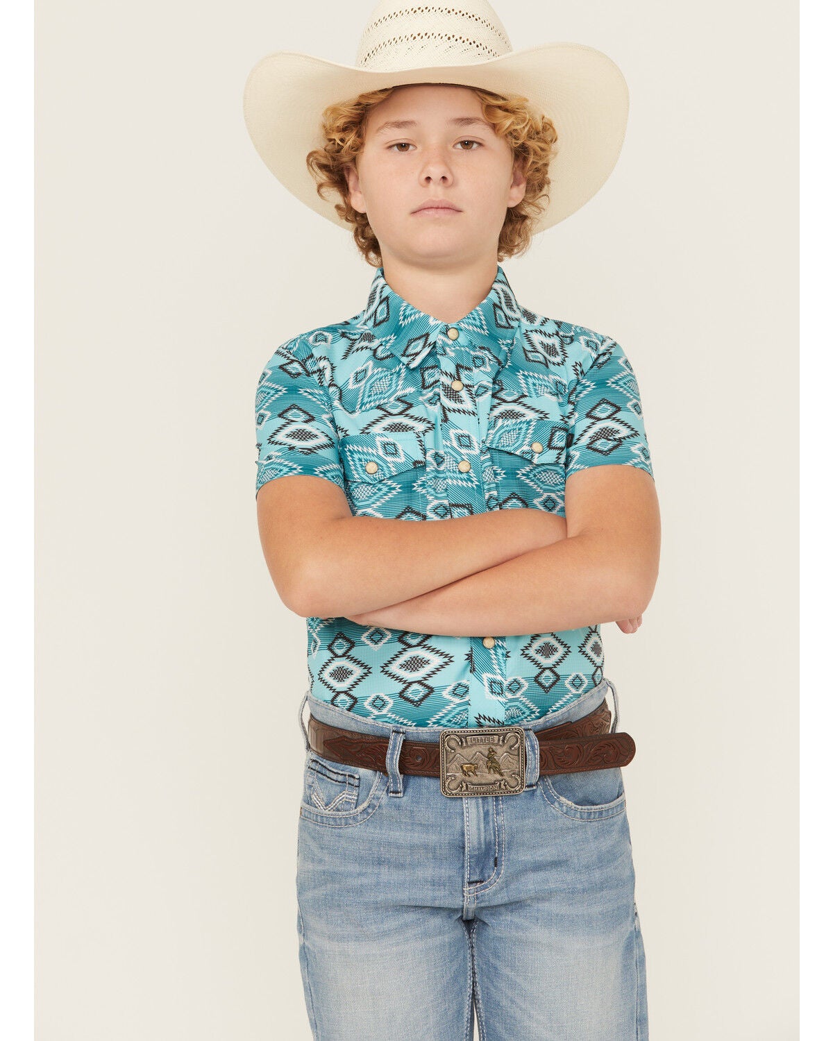 Rock & Roll Denim Boys' Southwestern Print Short Sleeve Snap Western Shirt, Teal, hi-res