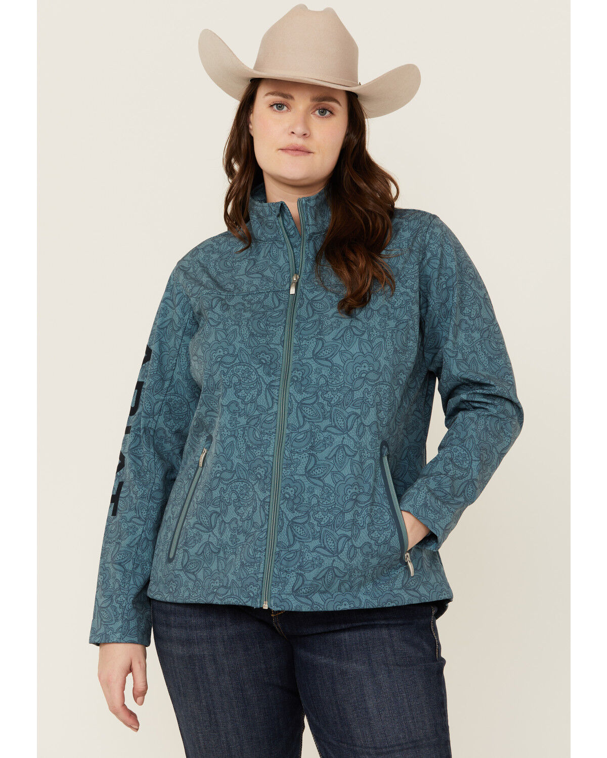 Image #1 - Ariat Women's Printed Team Softshell Jacket - Plus, Teal, hi-res