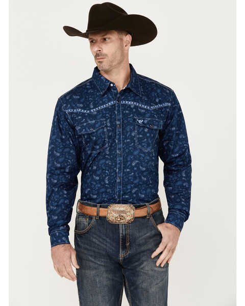 Image #1 - Cowboy Hardware Men's Roman Paisley Print Long Sleeve Western Snap Shirt, Navy, hi-res