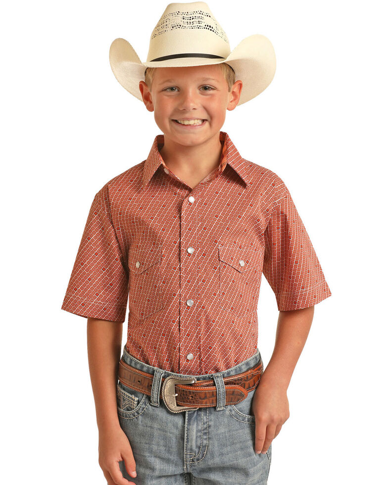 Panhandle Boys' Poplin Geo Print Short Sleeve Snap Western Shirt , Orange, hi-res