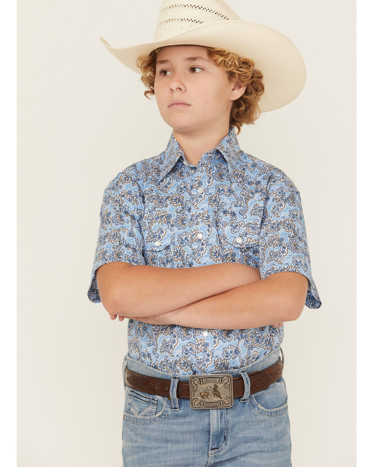 Image #1 - Rock & Roll Boys' Paisley Print Short Sleeve Pearl Snap Stretch Western Shirt, Blue, hi-res