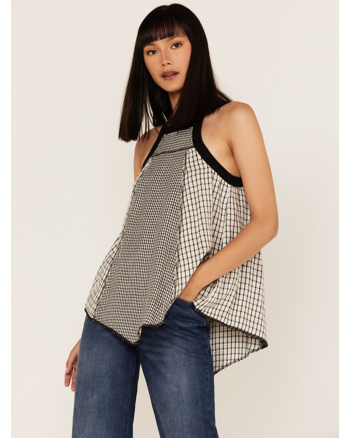 Cleo + Wolf Women's Grid Print Hanky Hem Halter Top, Black, hi-res