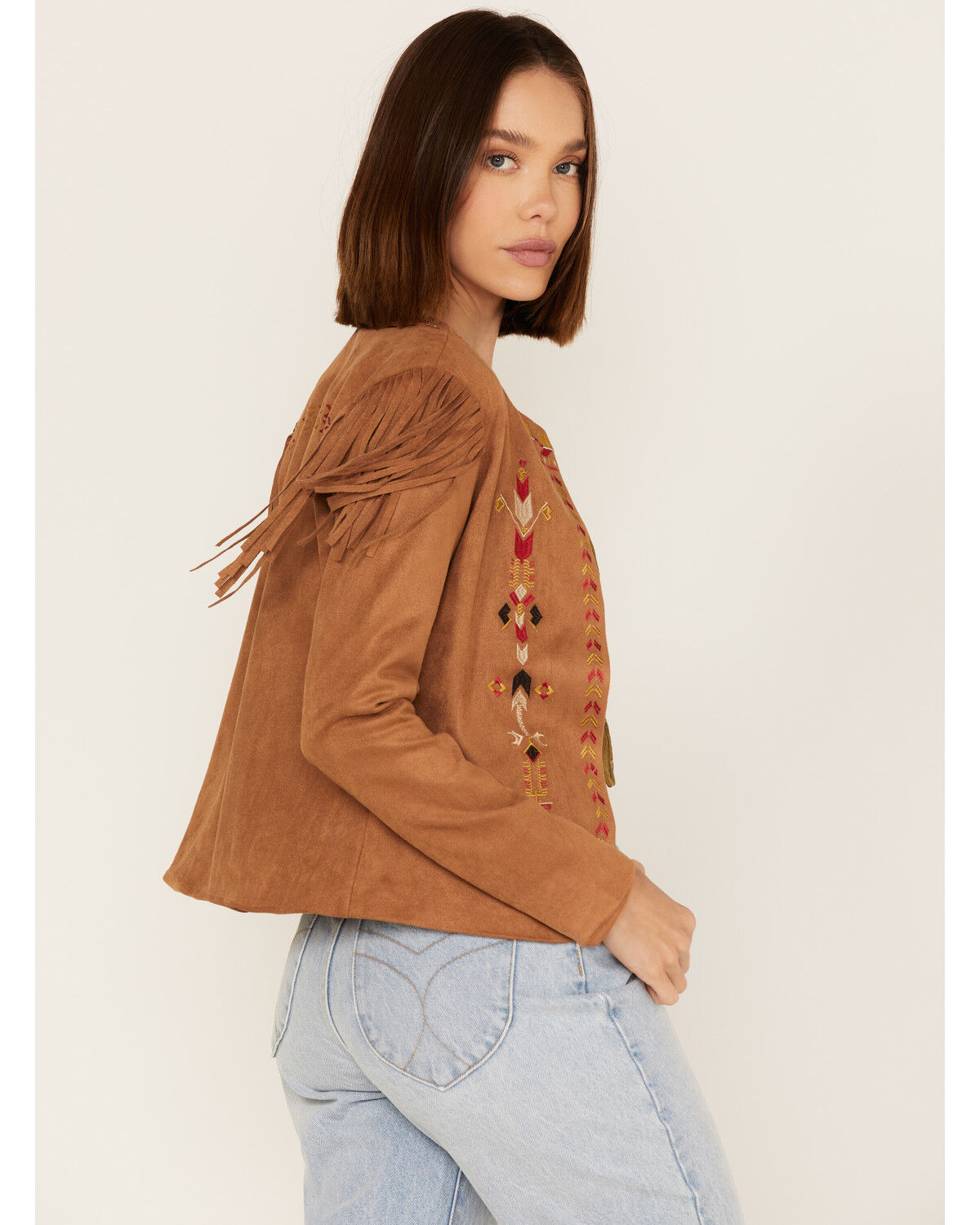 Image #4 - Fornia Women's Faux Suede Fringe Open Jacket, Camel, hi-res