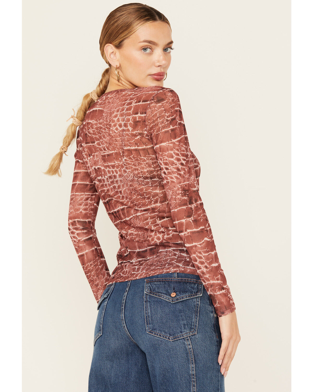 Image #4 - Vocal Women's Snake Print Long Sleeve Mesh Top, Rust Copper, hi-res