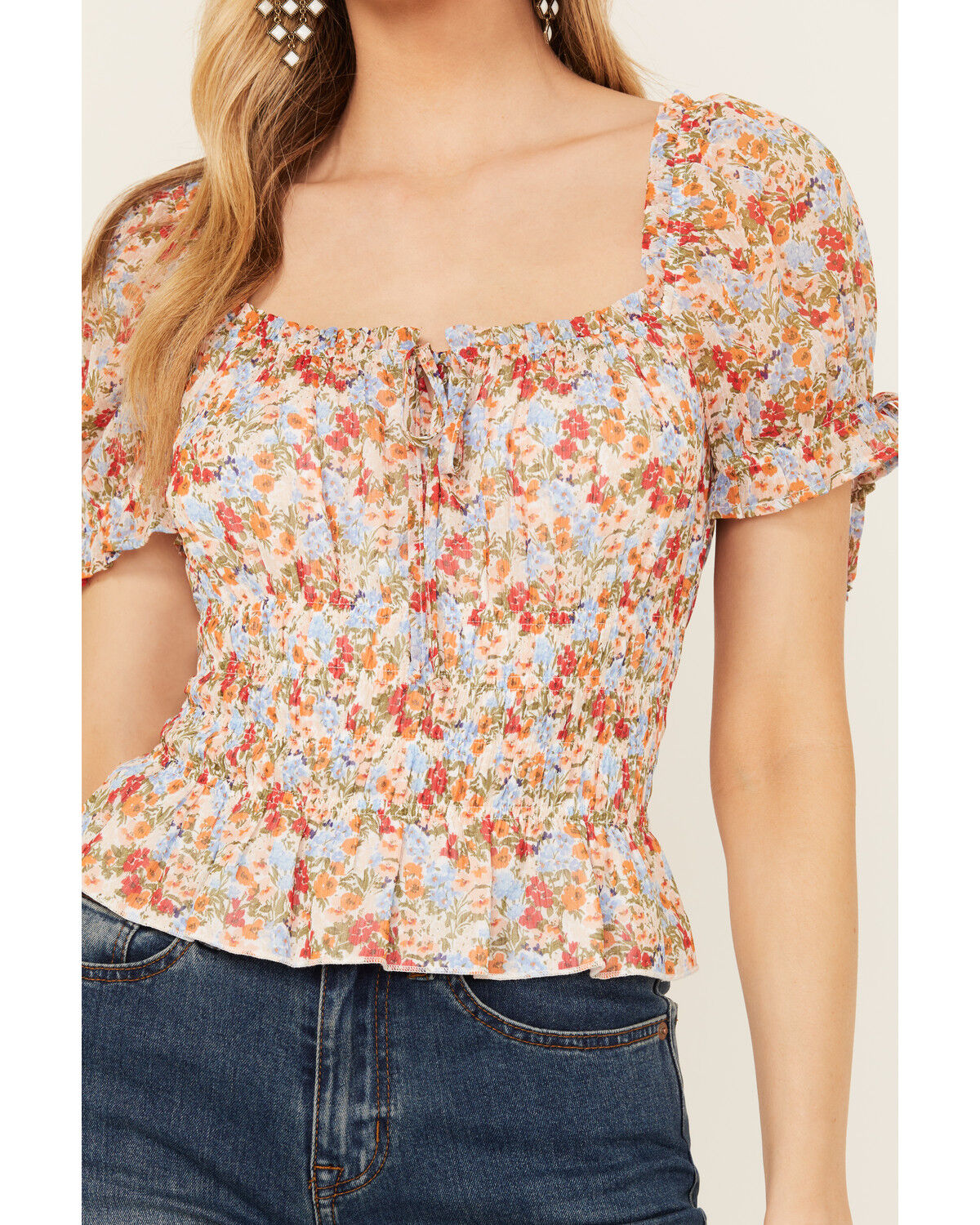 Image #3 - Ash & Violet Women's Short Sleeve Floral Smocked Crop Top, Multi, hi-res