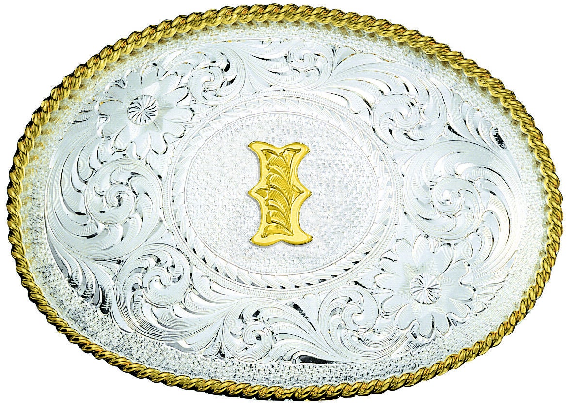 Montana Silversmiths Engraved Initial I Western Belt Buckle, Multi, hi-res